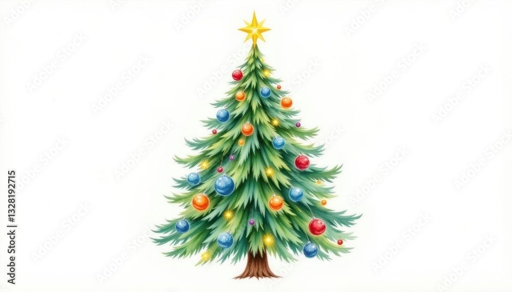 A highly detailed watercolor painting showcasing a beautifully decorated Christmas tree, complete with colorful ornaments, twinkling lights, and a star topper