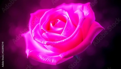 Radiant fuchsia rose blossom with a surreal glow and soft dark background