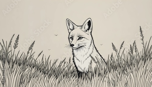 Line Art Illustration of Wild Fox Peering Out from Grassy Field, Showcasing Nature’s Beauty, Wildlife Conservation, and Wilderness Habitat, Highlighting Wild Animals in their Natural Environment						