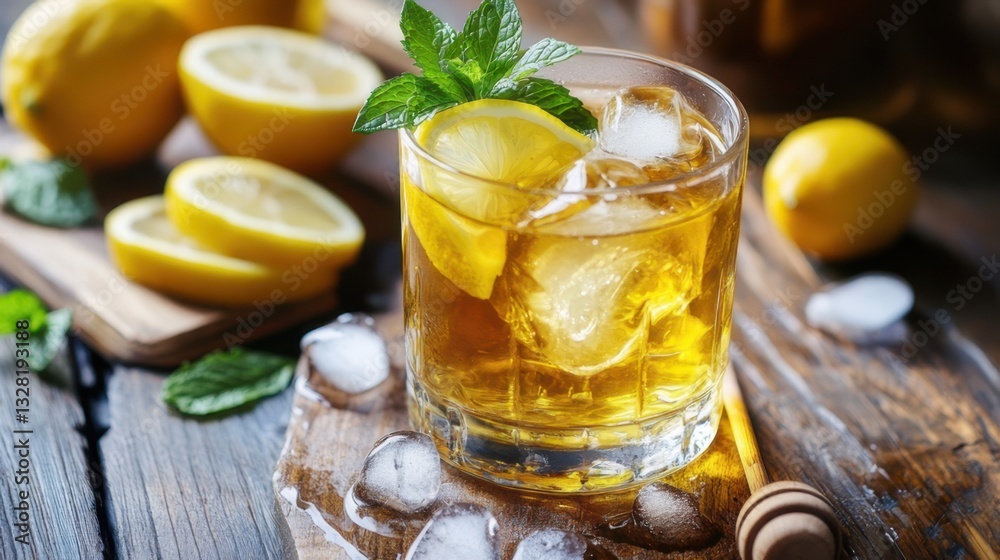 Fresh lemons on a rustic wooden table with a honey dipper and jar of golden honey beside them, bright and vibrant composition Fresh lemons on a rustic wooden table with a honey dipper and jar of golden honey beside them, bright and vibrant composition