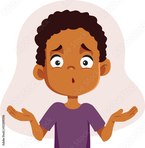 Surprised Boy Shrugging Feeling Unsure Vector Cartoon Illustration. Stressed worried kid unsure having questions and insecurities
