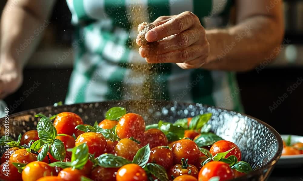 Fresh tomatoes being seasoned with herbs in a rustic kitchen, showcasing vibrant colors and textures