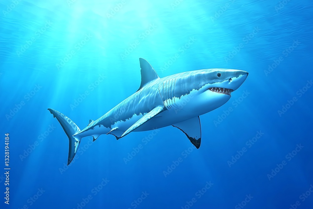 Obraz premium Great White Shark Swimming Underwater in Blue Ocean with Sun Rays