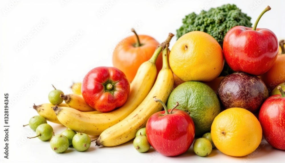 A professional close up photo of an assortment of vibrant, fresh fruits and vegetables arranged neatly on a clean white background, highlighting their natural colors and textures. A professional close up photo of an assortment of vibrant, fresh fruits and vegetables arranged neatly on a clean white background, highlighting their natural colors and textures.