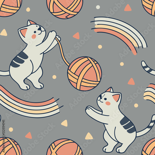 This mesmerizing pattern offers a unique and evocative interpretation of playful innocence. Playful kittens and rainbow yarn create a sophisticated and visually stimulating design.