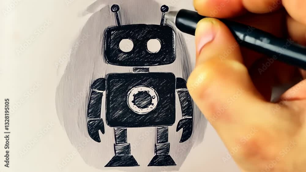 Retro Futuristic Design with Vintage Robot Sketch, Featuring Gears and Bolts, Rendered in Black and White for Nostalgic Appeal and Modern Tech-Themed Concepts, Perfect for Vintage Lovers and Futurists
