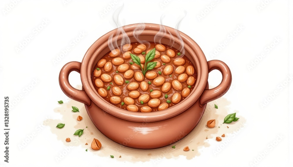 A watercolor illustration of a traditional clay pot filled with baked beans simmering in a savory sauce, garnished with fresh herbs and spices A watercolor illustration of a traditional clay pot filled with baked beans simmering in a savory sauce, garnished with fresh herbs and spices