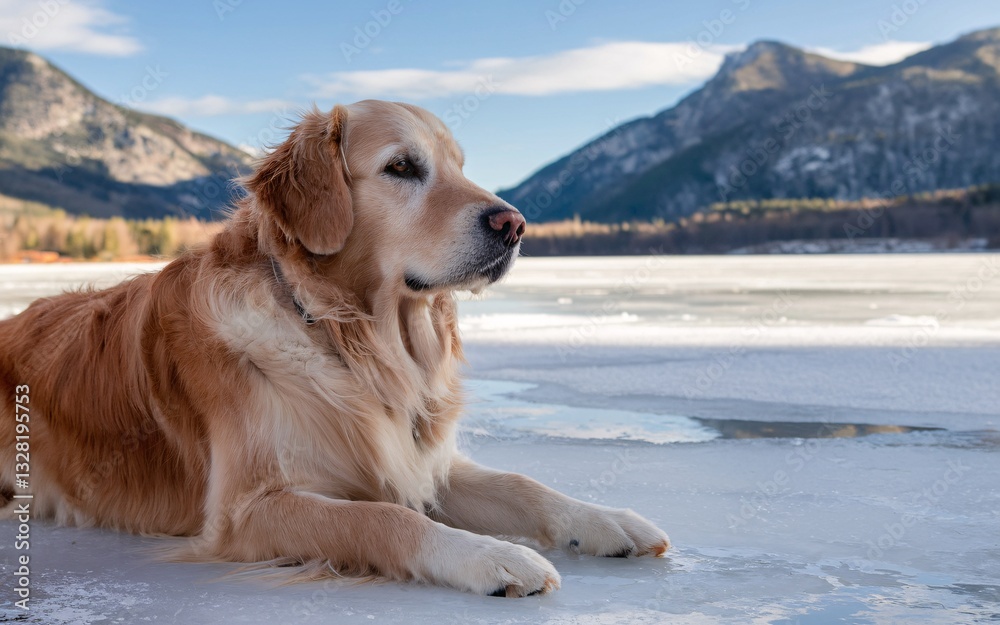Pet Influencer, Golden Retriever rests on frozen lake shore Pet Influencer, Golden Retriever rests on frozen lake shore