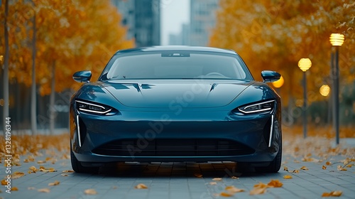 Sleek Teal Blue Sports Car on Autumn City Street