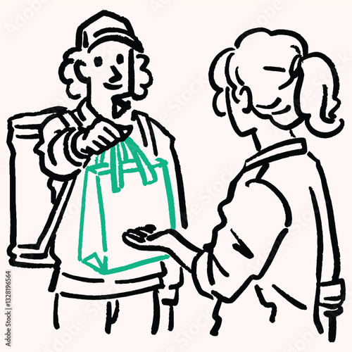 A woman receiving a shopping bag from delivery man