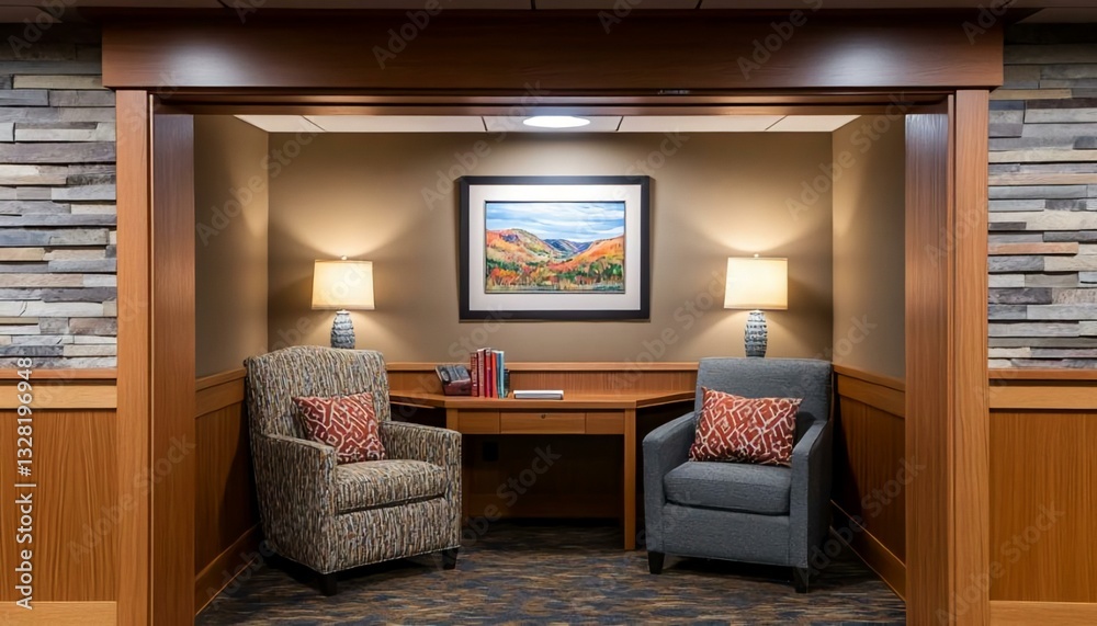 Cozy Reading Nook with Comfortable Chairs and Decorative Artwork Cozy Reading Nook with Comfortable Chairs and Decorative Artwork