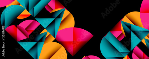 Abstract geometric pattern with intersecting circles and triangles in gradients. The high-contrast composition creates depth and a dynamic, modern aesthetic