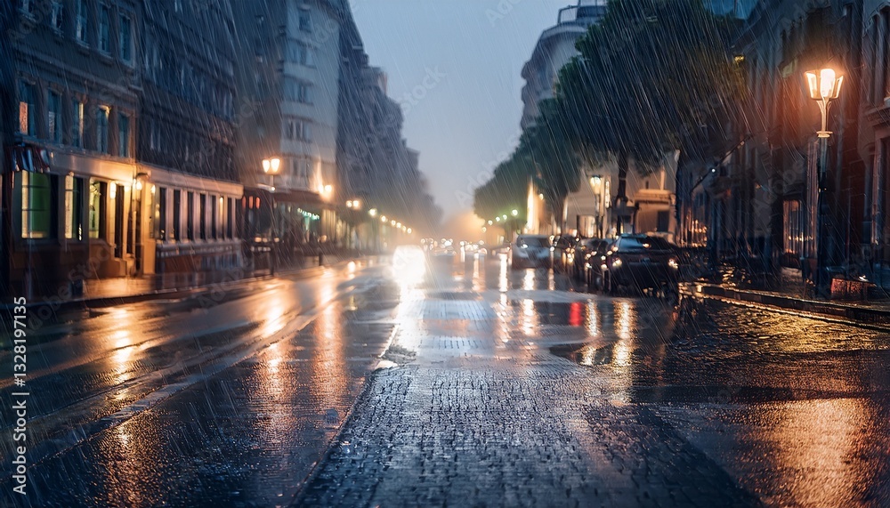 Obraz premium 豪雨の都市 — 雨に濡れる街並み