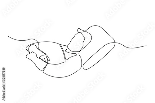 World sleep day concept line art drawing. Young man sleeping on bed continuous outline vector on white background.