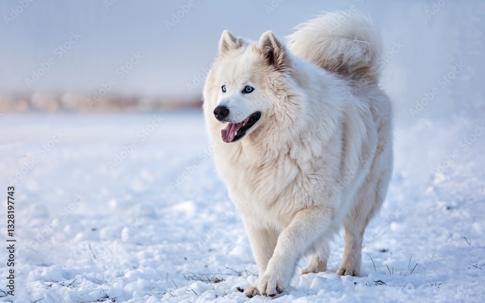 Pet Influencer, White dog walking in snowy field Pet Influencer, White dog walking in snowy field