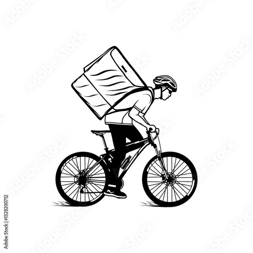 courier delivering packages carrying a bag riding a bicycle side view black and white vector line art
