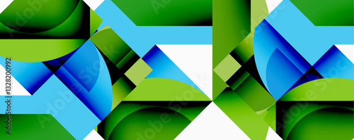 Abstract geometric composition with interlocking circular and angular shapes, featuring smooth gradients and sharp contrasts on a white background