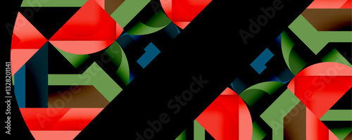 Abstract geometric composition with interlocking circular and angular shapes, featuring smooth gradients and sharp contrasts on a white background