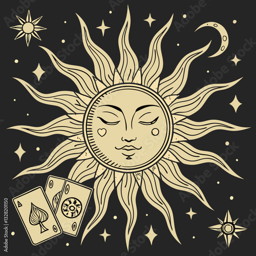 Mystical Sun with Tarot Cards and Crescent Moon, a captivating design.