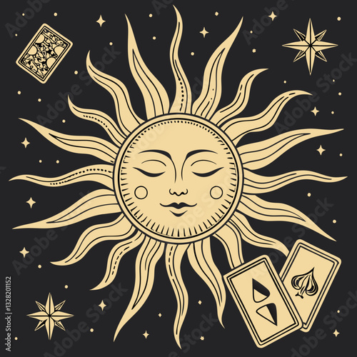 Mystical Sun with Tarot Cards and Crescent Moon, a captivating design.