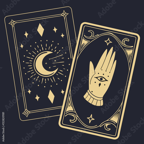 Mystical Sun with Tarot Cards and Crescent Moon, a captivating design.
