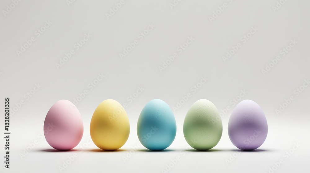 Row of pastel-colored easter eggs in soft pink, blue, yellow, mint green, and lavender on white background Row of pastel-colored easter eggs in soft pink, blue, yellow, mint green, and lavender on white background