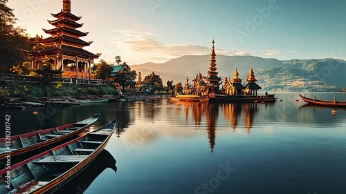 Golden Pagodas Reflecting on Inle Lake at Sunrise