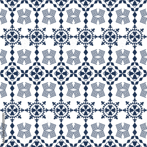 Blue and white ikat seamless oriental ornament in the style of baroque or Victorian traditional classic vector black and white pattern. Tiles and pottery patterns. Wallpaper, rugs, and carpets.