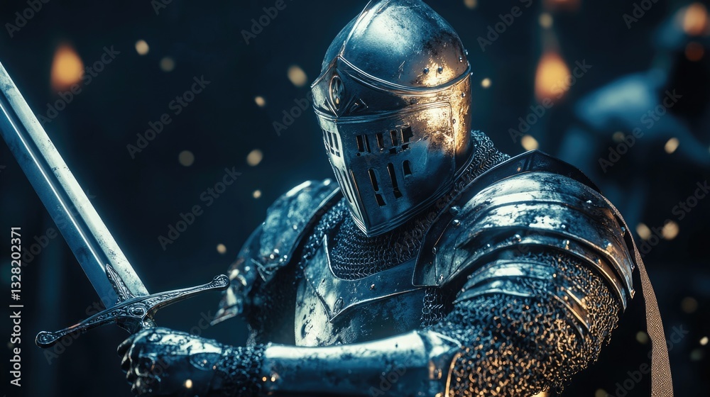 Fototapeta premium A stoic medieval knight prepares for battle with a sword