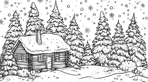 Winter cabin in snowy forest drawing photo