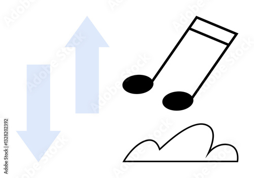 Musical note near minimal cloud with upward and downward arrows signifying harmony, direction, and expression. Ideal for creativity, communication, music, growth, connectivity, rhythm simplicity