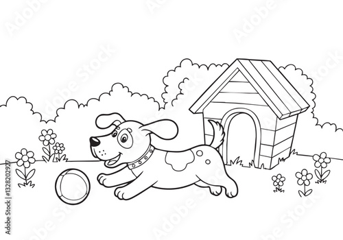 Playful Dog with Ball Outside Kennel – Pencil Sketch