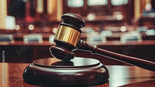 Gavel Resting on Sound Block in Courtroom, Symbolizing Justice and Legal Proceedings