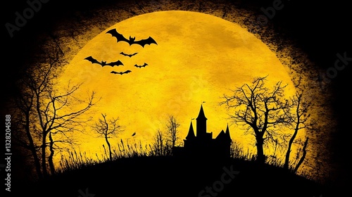Halloween night, haunted castle silhouetted against a large, yellow moon and flying bats.