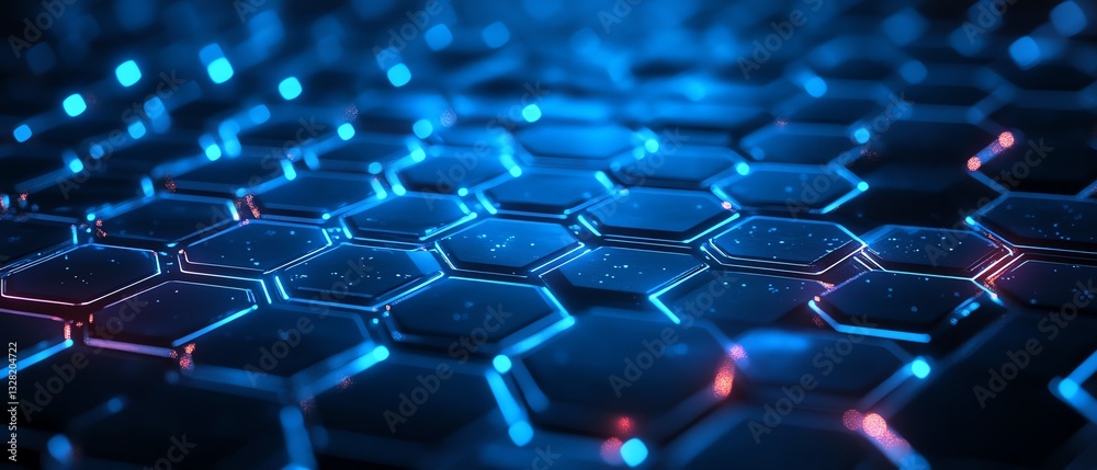 Naklejka premium Abstract glowing blue hexagon grid with futuristic vector design, black backdrop, and luminous neon blue light trails