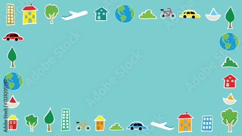 Vector childish style globe earth with cityscape frame template on blue sky background. World Earth Day. Doodle Earth Sketch Design. Buildings and outdoors, transportations and nature concept design.
