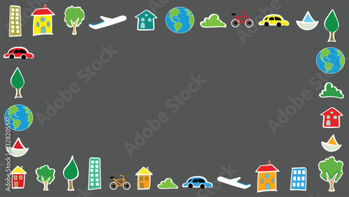 Vector childish style globe earth with cityscape frame template on blue sky background. World Earth Day. Doodle Earth Sketch Design. Buildings and outdoors, transportations and nature concept design.