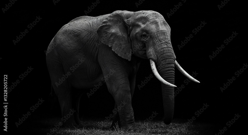 Naklejka premium Majestic Elephant In Grassy Field With Trunk Extended, Long Tusks, Large Ears