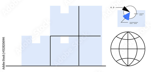 Stacked shipping boxes, analytic pie chart, and globe representing logistics, supply chain, trade flow, e-commerce, inventory management, global network, and data visualization flat simple metaphor