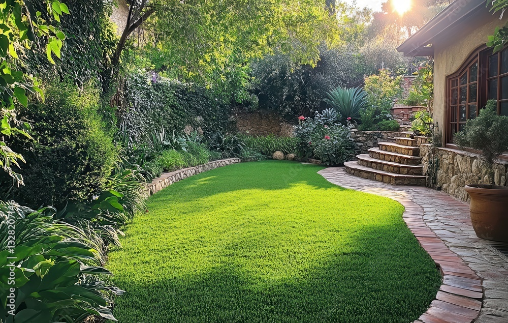 Obraz premium Lush Green Backyard with Vibrant Plants, Stone Pathway and Sunlit Trees in Serene Garden Setting