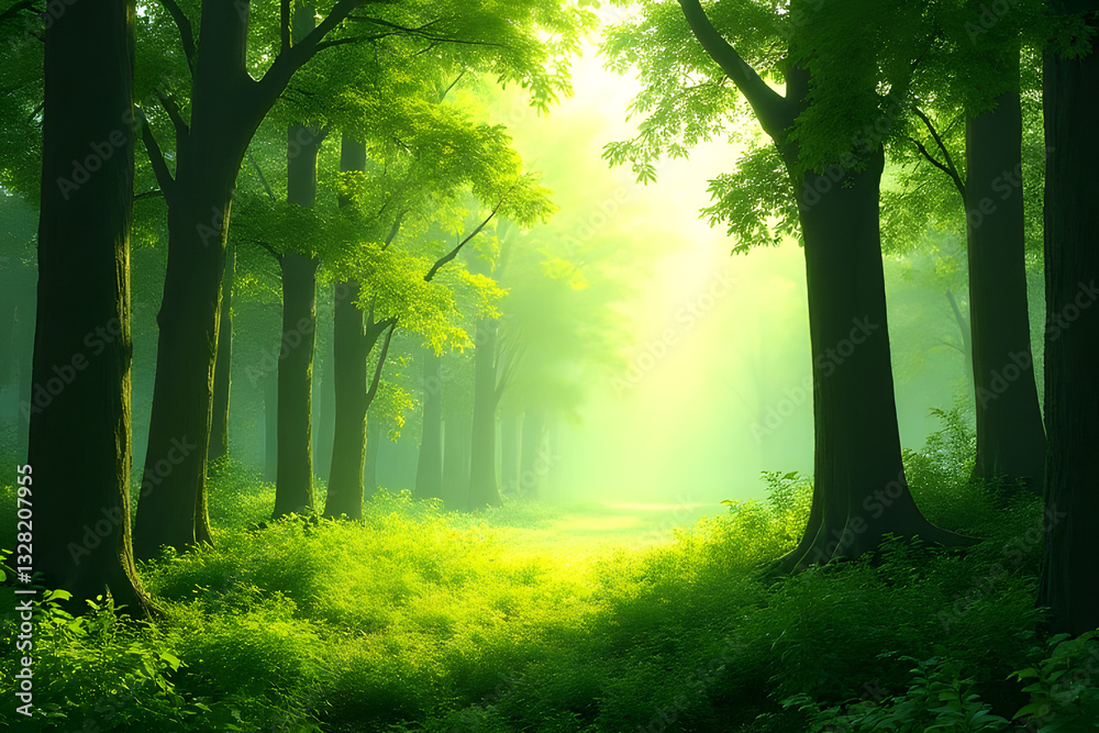 Fototapeta premium Mystical forest encounter serene woodland landscape photography lush environment ethereal viewpoint nature's tranquility