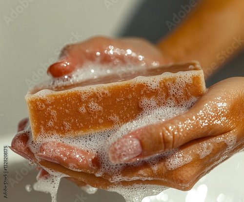 A person washing hands with soap bar