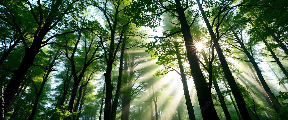 Fototapeta premium Sunlight filtering through a lush forest nature scene tranquil environment serene viewpoint forest concept