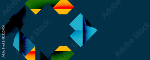 Abstract geometric artwork with interwoven angular and curved shapes, dynamic composition with smooth gradients and bold contrasts