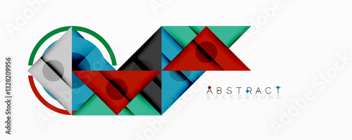 Geometric abstract design with layered triangles, circles, and gradients, forming a structured pattern with sharp contrasts and depth