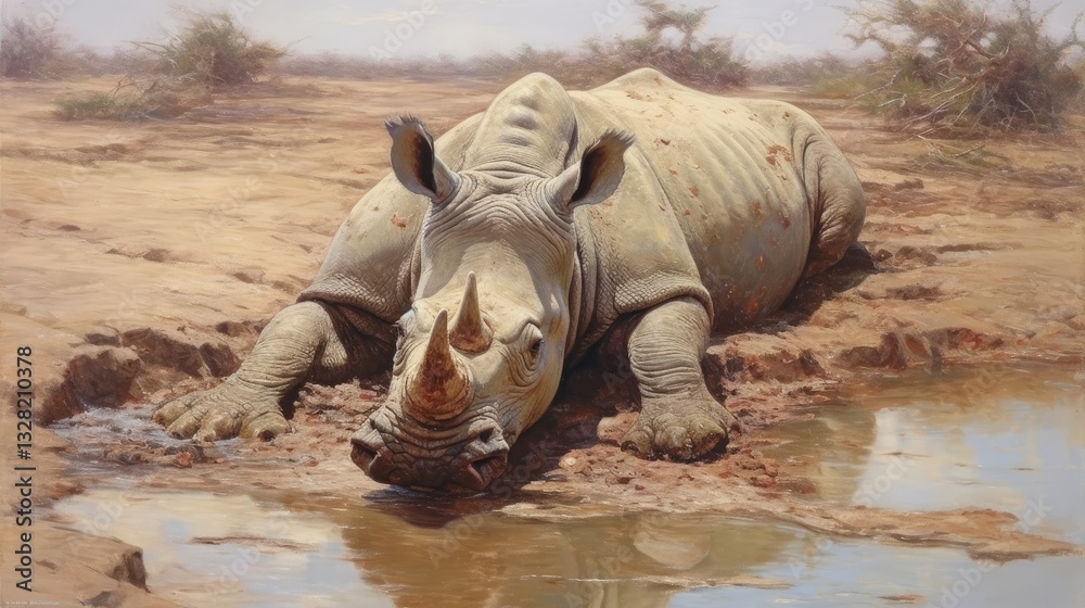 Fototapeta premium White rhino rests by watering hole in savanna