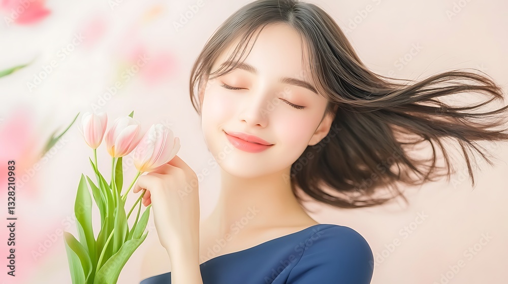 Young Woman Smiling with Tulips in Soft Colors and Gentle Breeze in Spring Background Young Woman Smiling with Tulips in Soft Colors and Gentle Breeze in Spring Background
