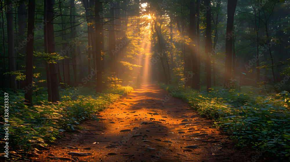Fototapeta premium Sunlight streaming through a forest canopy illuminating a serene path with lush greenery