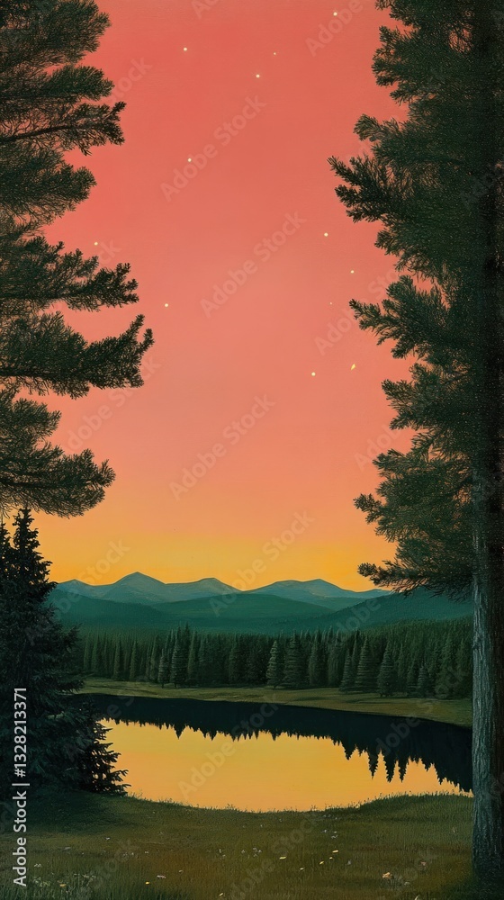 Fototapeta premium Minimal hometown and meadow at night landscape wallpaper scenery nature.