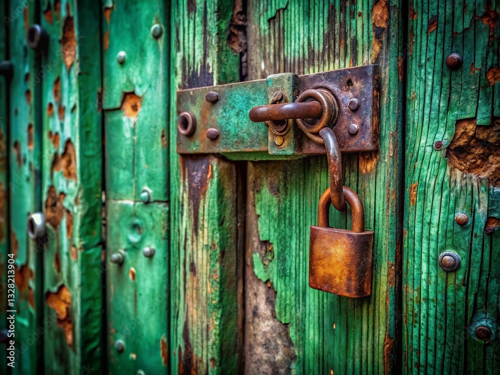 Mysterious Green Padlocked Door - Conceptual Stock Photo Mysterious Green Padlocked Door - Conceptual Stock Photo